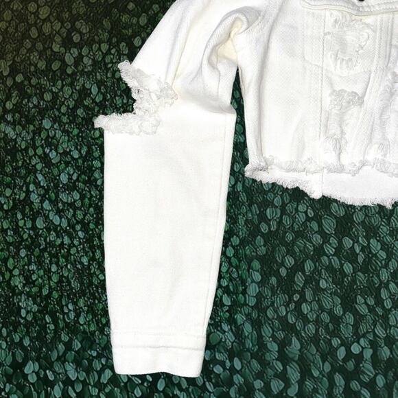 NWT XS White Distressed Destructed Denim Collared Button Crop Jacket Jean Cotton - Picture 3 of 4